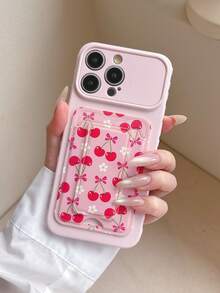 1pc Pink Side 3D Heart + Cherry Floral Bow Pattern Folding Card Holder Phone Case, Compatible With IPhone 17/16/15/14/13/12/11 - Multicolor - View 7