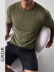 GRDR Men's Solid Color Minimalist Casual Crew Neck Short Sleeve Knit Sweater - Army Green - View 6