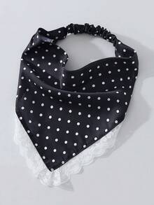 1pc Original Floral Embroidered Rolled Edge Polka Dot Print Headwrap Hair Band For Women, Suitable For Daily And Vacation Use - Black and White Dots - View 5