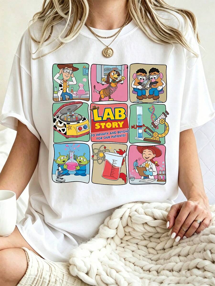 Disney Breathable Lab Story Toy Story Parody 9 Grid Lab Tech Cartoon Print Loose Oversized Daily Medical Worker Women Tee - White - View 1