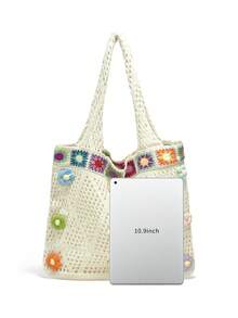 Dedoo Bolso de hombro bohemio de moda multicolor, diseño de ganchillo con patrón de tortuga marina, bolso de gran capacidad con apertura superior, material de poliéster beige con sensación v - Albaricoque - Ver 9