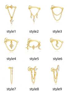 1pc 925 Sterling Silver Tassel Chain Earring, Delicate Cartilage Ear Stud, Flat Back Earring For Women - Gold - View 17