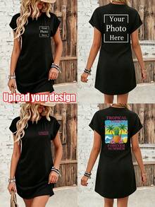 Summer Pineapple & Coconut Tree Dress, Customizable LOGO/Photo/Pattern/Musical Note/Text/Lucky Number/Coachella Music Festival/Mother's Elegant Black - Black - View 2