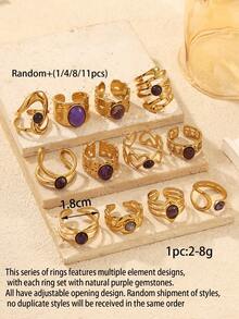 1/4/8/11pcs 304 Stainless Steel 18k Gold Plated Open Ring Set, Oval, Heart, Round, Star, Heart, Leaf Multi- Design With Purple Gemstone Inlay, Adjustable Open Size, Suitable For Women, Versatile For Daily, Commute, Date, Layering Wear (Random Non-Duplicate Styles Shipped) Or Purchase Full Set - Yellow Gold - View 3