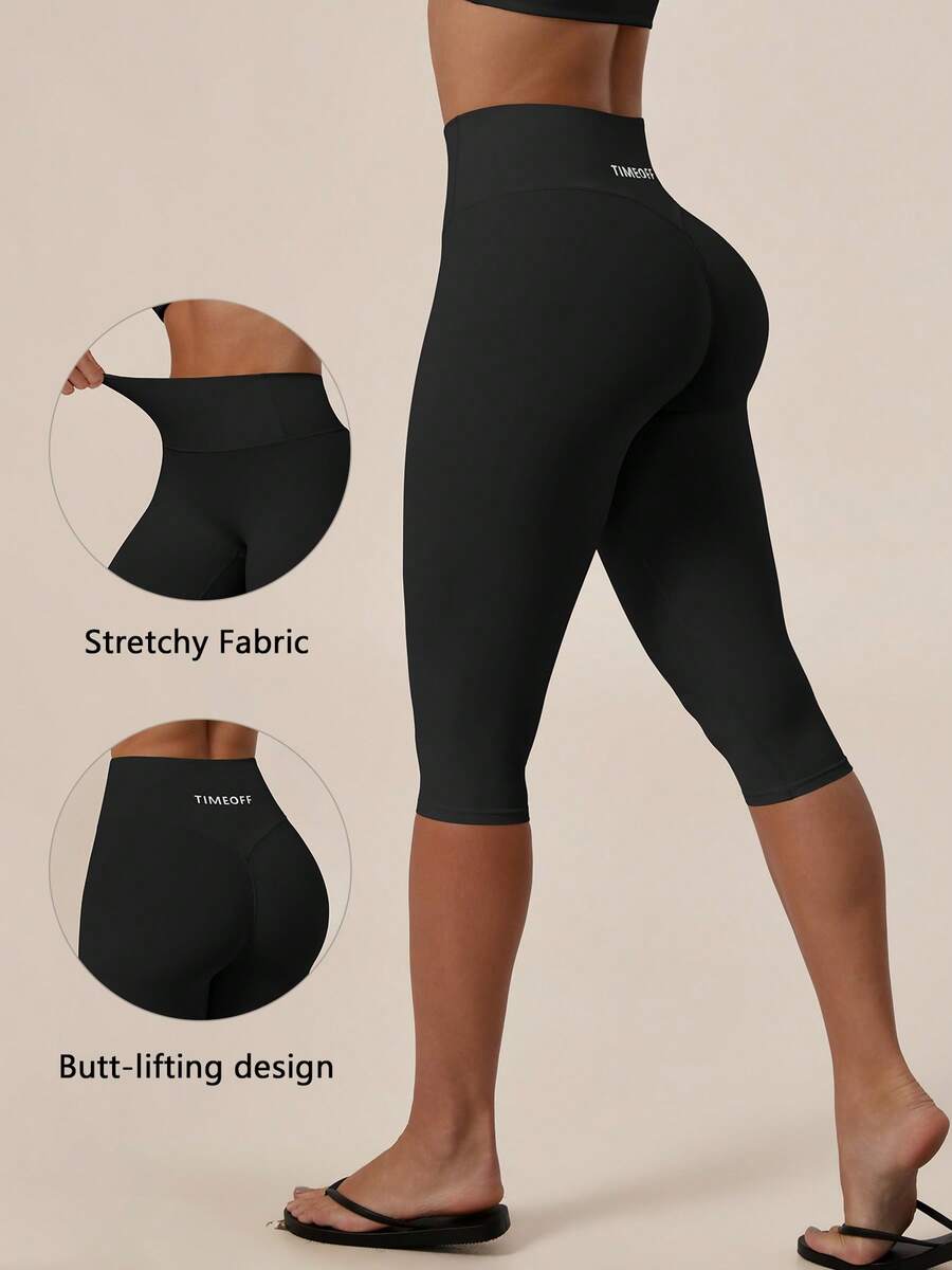 TimeOff Women's 1pc High Waist Wide Waistband Ruched Butt Tummy Control Butt Lift Sports Mid-Length Shorts - Black - View 1