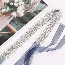1pc Luxury Bridal Handmade Rhinestone Beaded Waist Belt Sash For Wedding Party - Sliver Applique+Organza Navy Ribbon - View 4