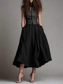 Gonna a vita alta arricciata avvolgente da donna, gonna midi plissettata vintage con tasche, gonna da festa, gonna plissettata nera - nero - Visualizzare 2