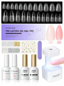 peacecolor 11件套美甲贴纸套装 - 240张全覆盖短款、中款、杏仁形美甲贴纸，10毫升美甲胶水，果冻凝胶指甲油，美甲灯，低痛美甲护理工具，适合女性DIY美甲沙龙，可作为礼物赠送 - 彩色 - 查看 9