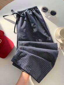 YI XUAN 2026 New Spring/Summer Fashion Women's Plaid Drawstring Waist Loose Long Pants, Suitable For Vacation Beach 2000s Style - Navy Blue - View 1