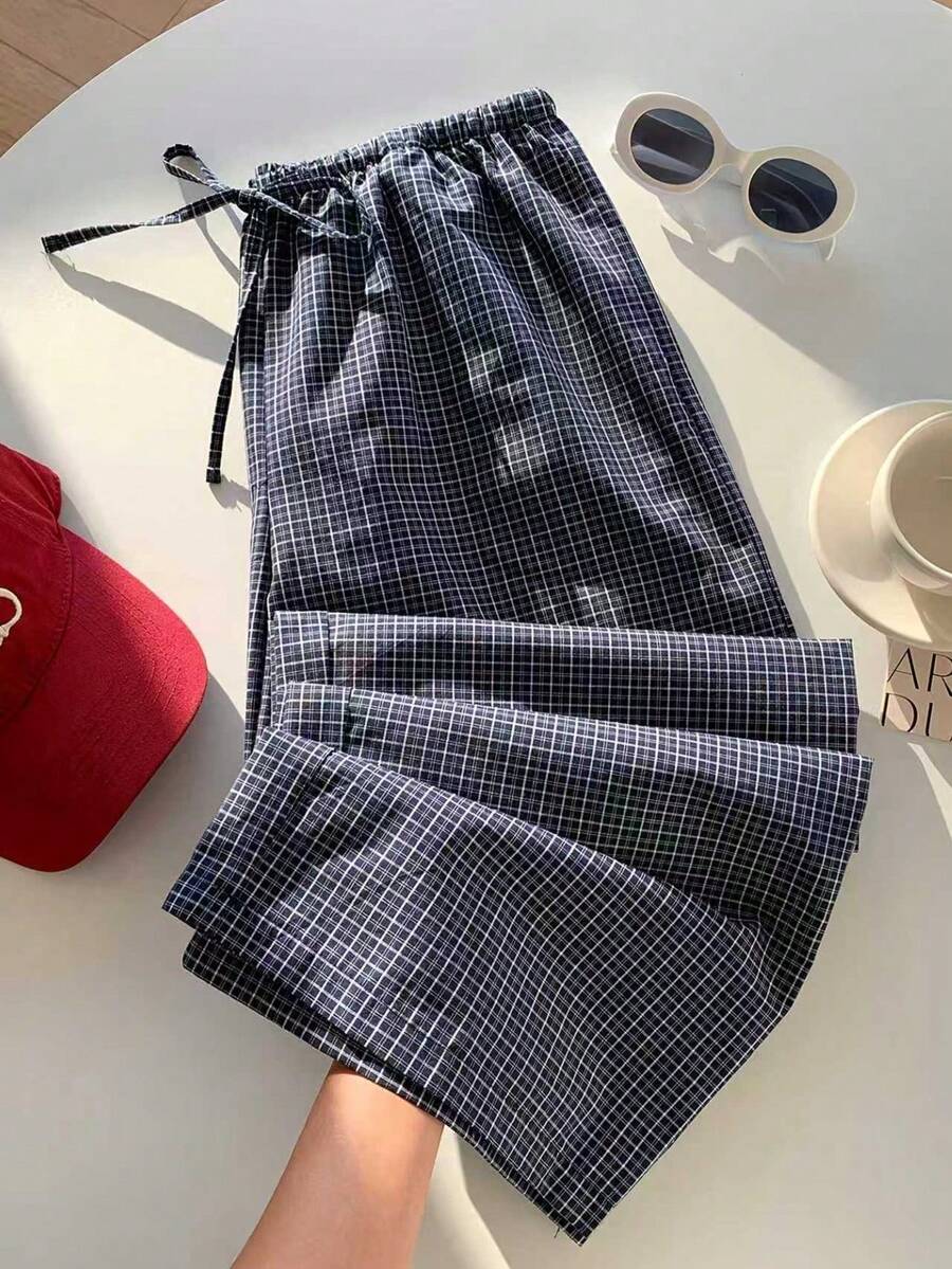 YI XUAN 2026 New Spring/Summer Fashion Women's Plaid Drawstring Waist Loose Long Pants, Suitable For Vacation Beach 2000s Style - Navy Blue - View 1