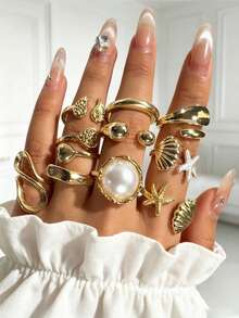 Set de 10 piezas de anillos de estilo bohemio para vacaciones, de metal ajustable y apilable, con estrella de mar, resina, perla falsa, diseño retorcido y geométrico, adecuado para niñas, regalo para ambiente de salida a la playa - 32715-anillo-G - Ver 2