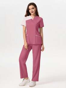 TaskEZ Medical Pajama Uniform Set With Short Sleeve V-Neck Top And Contrasting Pants - Rusty Rose - View 1
