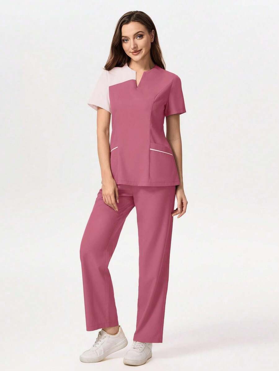 TaskEZ Medical Pajama Uniform Set With Short Sleeve V-Neck Top And Contrasting Pants - Rusty Rose - View 1