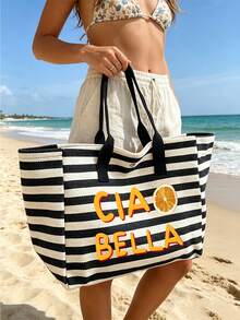 Striped Canvas Bag With Colorful Fruit Pattern, Large Capacity Beach Bag, Striped Travel Tote Bag Suitable For Beach, Pool, Vacation And Daily Use, Can Store Swimwear, Towels, Sunscreen And Beach Essentials, Suitable For Women, Girls, Travelers And Beach Lovers, Perfect For Summer Vacation, Birthday And Holiday Gifts, Can Be Used As Beach Bag, Pool Bag, Vacation Bag And Travel Storage Bag - Multicolor - View 5