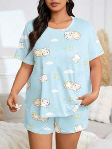Sweet Healing Style Plus Size Women's Summer Cute Cat & Cloud Round Neck Short Sleeve T-Shirt & Shorts 2-Piece Set, Girly Plus Size Loungewear - Baby Blue - View 5