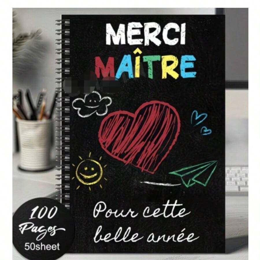 1pc Blackboard Heart-Shaped French Teacher Thank You Gift Spiral Notebook Diary, Perfect For Teacher Retirement Graduation Birthday Thank You Gift, Notebook Without Pen - G - View 1