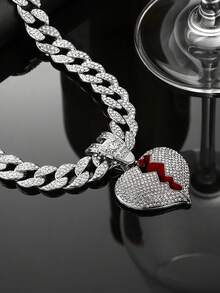 1 pieza Colgante de corazón roto con strass para hombre, cadena cubana de aleación de zinc con gema brillante, joyería unisex de estilo hip hop punk para uso diario y fiestas, regalo adecuado para todas las estaciones - Collar con colgante de corazón roto - Ver 8