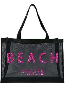 大容量网眼沙滩包套装，“BEACH PLESE”图案网眼袋，金色亮片字母，化妆包，镂空网眼沙滩手提包，网眼化妆收纳袋，可折叠大容量游泳包，字母装饰网眼沙滩手提包 - 彩色 - 查看 16