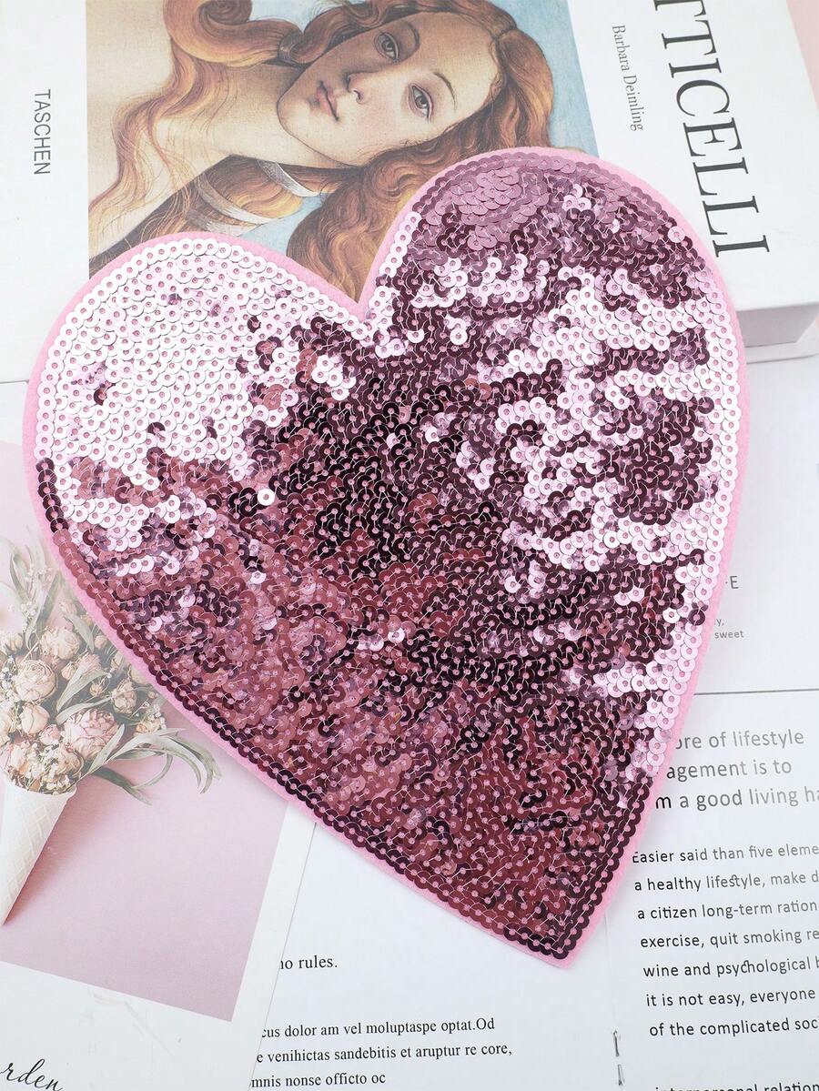 1 pieza Parche bordado con patrón de corazón de lentejuelas rosas, adecuado para chaquetas, mochilas, jeans, camisetas - Decoración duradera, accesorios de ropa, parche decorativo para reparar agujeros en pantalones - rosa - Ver 1