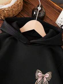 Tween Girl Bow Print Hooded Sweatshirt - Black - View 3