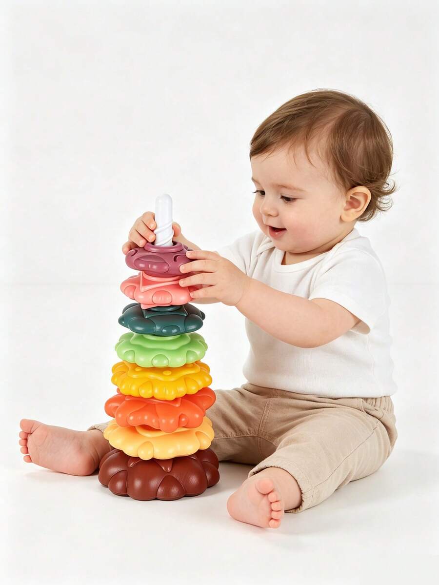 Drehbare Regenbogen-Stapelringe Spielzeug, Montessori Blumen-Stapelturm, 18 Monate+ Kleinkind Früherziehung Sinnes-Spielzeug, Baby Geburtstagsgeschenk - Verschiedenfarbig - Übersicht 1