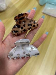 2件/1件組 時尚6.5cm/2.56in 塑膠髮夾，玳瑁花紋與白色水鑽設計，百搭髮夾適合日常穿搭、休閒出遊、派對、通勤、海邊度假、馬尾與髮髻、洗臉、化妝、穿搭搭配及夏季度假髮飾 - 彩色 - 查看 8