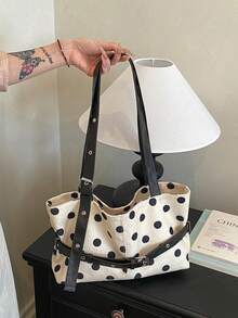 Large Capacity Color-Block Women's New Fashion Polka Dot Tote Bag, Stylish Personalized Casual Shoulder Bag And Handbag For Work And Commuting - Black - View 2