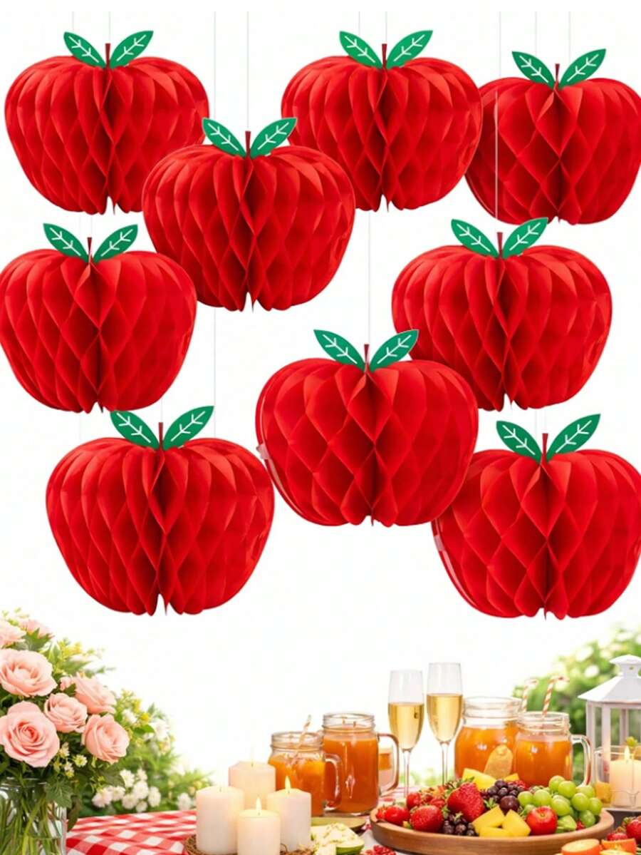 6pcs Honeycomb Apple Shaped Decorations, Back To School Party Apple Decor, Back To School Party Indoor School Outdoor Garden Room Decor, Baby Shower Decorations, Kindergarten Hanging Decor, Apple Shaped Party Decoration Supplies - Multicolor - View 1