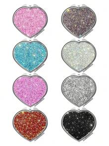 BLBLBL 1PC Brand New Diamond Style Multi-Color Shiny Cute Luxury Heart-Shaped Portable Pocket Flip Cover Makeup Mirror, Crafted With A-Grade Artificial Rhinestones, Elegant Handheld Mirror Suitable For Daily, Travel, Business Trip Makeup Use - Silver Plating - View 4