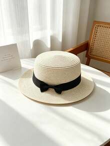 1pc Bohemian French Style Raffia Bow Straw Hat For Women, Summer Beach Sun Protection Panama Hat - Multicolor - View 8