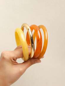 4件裝復古樹脂多色紋理壓克力手鍊，時尚百搭，適合女性日常配戴 - 多色2 - 查看 6