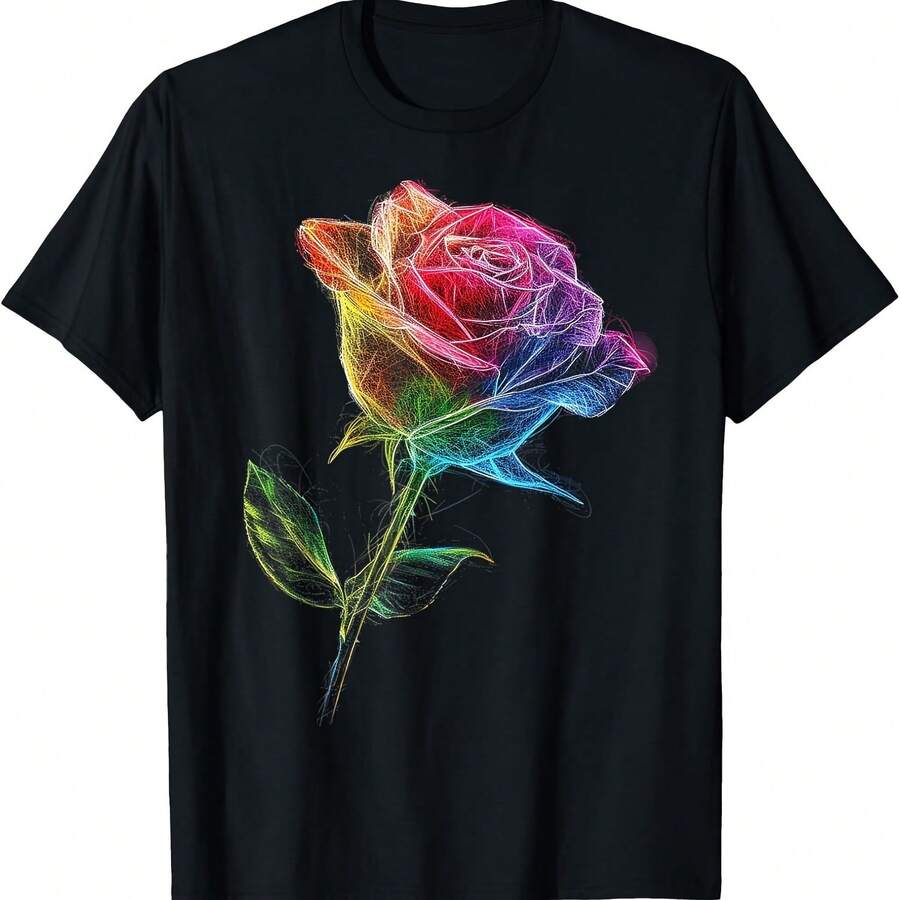Rose Colorful Drawing Nature Art Graphic Rose T-Shirt - Black - View 1