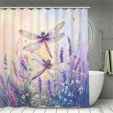 1 Stück Aquarell Lavendel Libelle Mehrgrößen Muster Duschvorhang Geeignet für Badezimmer Dekoration, Badezimmer Vorhang Leicht zu reinigen, exquisite Heimdekoration, Badezimmer Trennvorhang, dekorativer Duschvorhang, Badezimmer Zubehör Heimdekoration Geschenk inklusive 12 Haken - Verschiedenfarbig - Übersicht 4