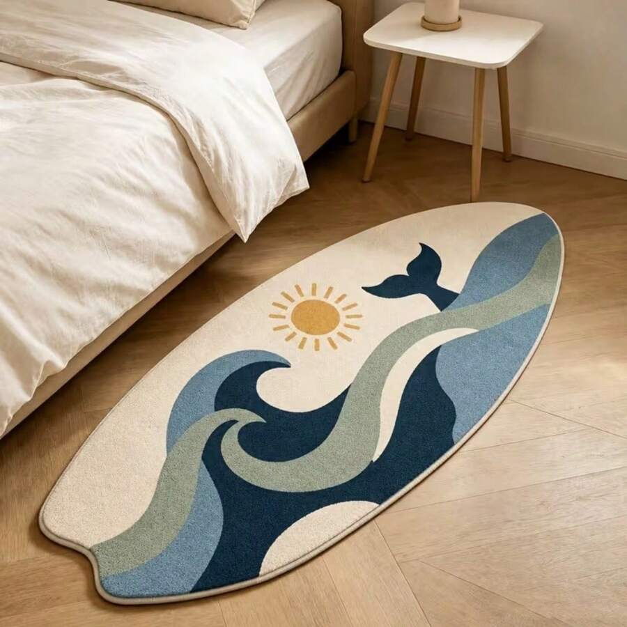 1件 Ins風衝浪板造型仿羊絨防滑地毯，海洋風衝浪板造型不對稱地毯，藍色海洋波浪設計，耐用可水洗，適用於臥室、玄關、陽台，清新療癒且極具吸引力，實用又美觀 - 彩色 - 查看 1