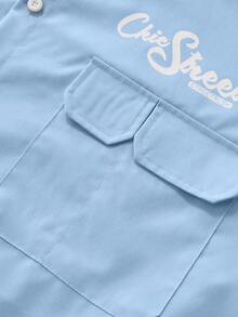 Lonblece Letter Print Utility Shirt, Light Blue Loose Silhouette Short Sleeve, American Vintage - Baby Blue - View 4
