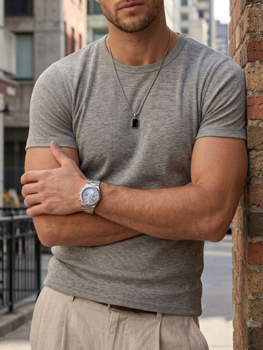 Men's Casual T-Shirt Slim Fit Basic Social Fashion - 灰色 - 查看 1
