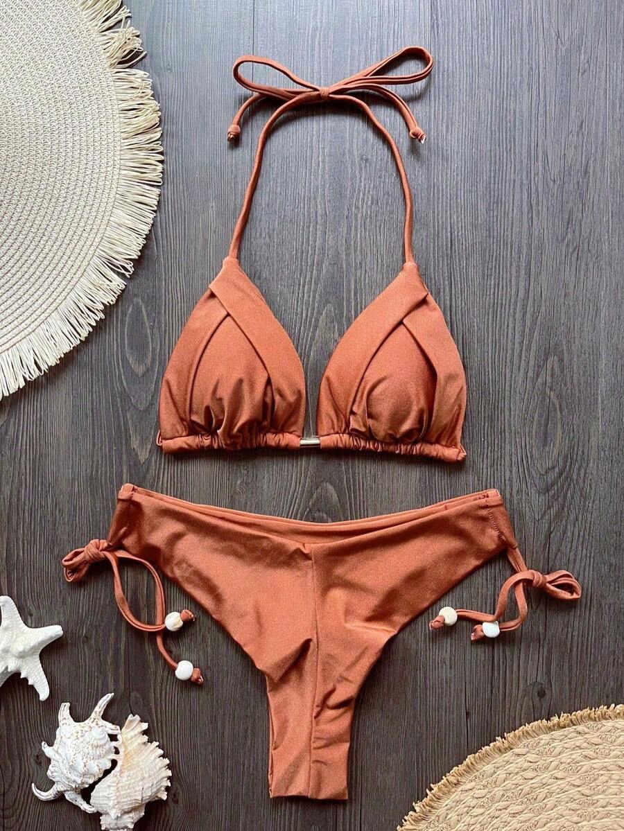 Solid Color Tie-Up Bikini Set, Vacation Beach Summer Brown - Brown - View 1