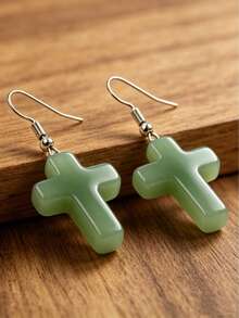 1 par de pendientes elegantes con colgante de cruz de aventurina verde, cristal natural de curación energética, joyería de estilo bohemio para uso diario, regalo de Pascua/Navidad - Multicolor - Ver 4