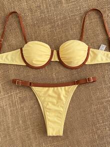 Bikinx Women's Underwire Colorblock Ruched Bust Bikini Set, Spaghetti Strap Backless Tie Swimwear, Suitable For Beach Vacation Summer - Multicolor - View 3