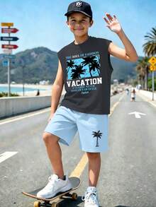 2pcs Tween Boy Sleeveless Round-Neck Top With Coconut Tree And Some English Printed Patterns, And A Simple Casual Loose Shorts, New Summer Set - Dark Grey - View 1