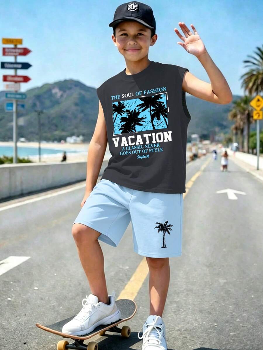 2pcs Tween Boy Sleeveless Round-Neck Top With Coconut Tree And Some English Printed Patterns, And A Simple Casual Loose Shorts, New Summer Set - Dark Grey - View 1