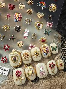 Vintage Baroque Embossed Nail Art Stickers, One Style With White Rabbit, Clock, Rose, Heart, Bow, Sun Designs, Another Style With Angel, Cat, Rose, Swan, Heart, Bowknot Designs, Suitable For French Court, Dark Fairy Tale, Lolita, Halloween, Vintage Wedding Nail Styles, Self-Adhesive Ergonomic Fit Resistant To Peeling, Best Choice For Women And Girls DIY Nail Decoration, Professional Nail Salon Craft Accessories - Multicolor - View 1
