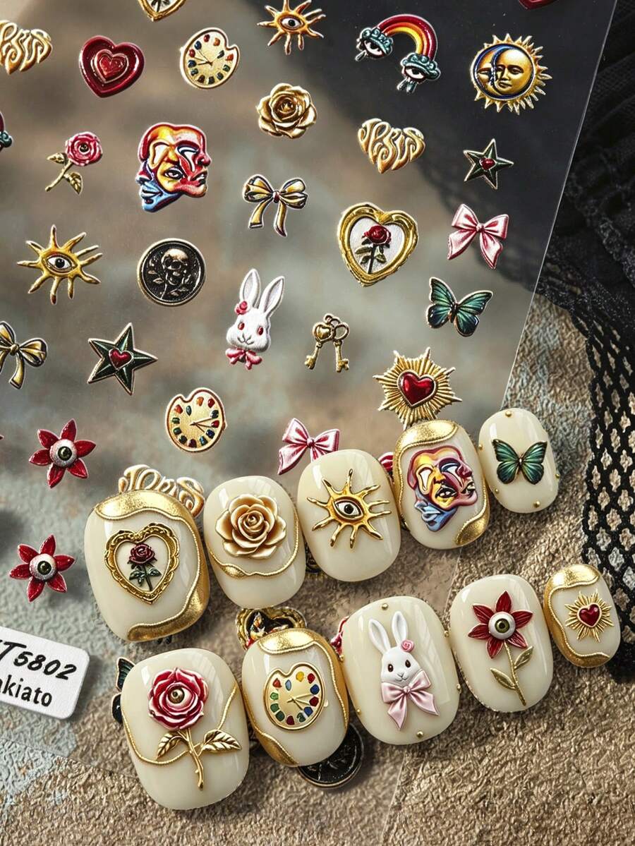 Vintage Baroque Embossed Nail Art Stickers, One Style With White Rabbit, Clock, Rose, Heart, Bow, Sun Designs, Another Style With Angel, Cat, Rose, Swan, Heart, Bowknot Designs, Suitable For French Court, Dark Fairy Tale, Lolita, Halloween, Vintage Wedding Nail Styles, Self-Adhesive Ergonomic Fit Resistant To Peeling, Best Choice For Women And Girls DIY Nail Decoration, Professional Nail Salon Craft Accessories - Multicolor - View 1