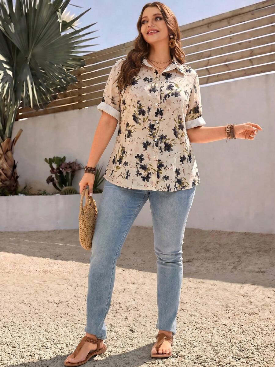 Summer Printed Casual Vacation Minimalist Plus Size Women's Shirt Black - Black - View 1