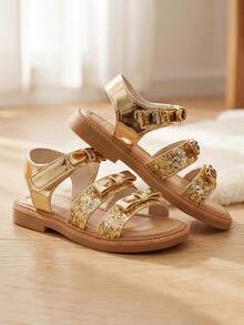 Model Terbaru - Sandal Emas untuk Anak Perempuan Usia 3-12 Tahun. Emas Metalik + Garis Berkilau + Pita + Perekat. Gaya Transparan Mengkilap. - Emas - View 6