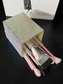 1pc Rhinestone Decorated Square Makeup Brush Holder, Large Capacity, Colorful Rhinestone Inlaid Surface, Luxurious Sparkling Style, Full Rhinestone Pattern, Square Column Shape, Neat Edge Details, Makeup Tool Container, Suitable For Bedroom Vanity, Makeup Room Tabletop And Other Scenes - Multicolor - View 4