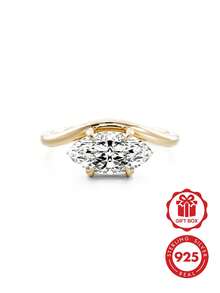 925纯银镀金弧形单钻立方氧化锆订婚戒指（女士） - Marquise Shaped Zircon Ring - 查看 1