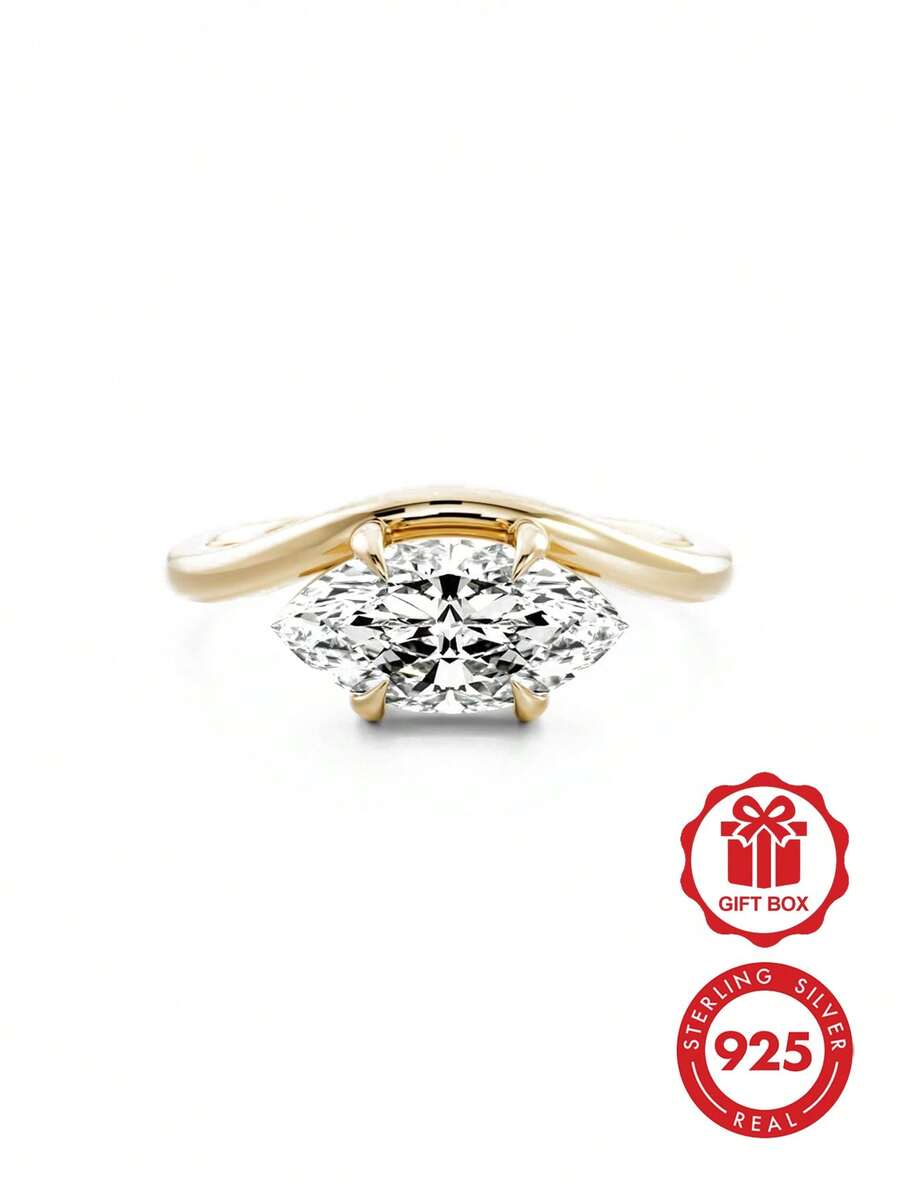 925纯银镀金弧形单钻立方氧化锆订婚戒指(女士) - Marquise Shaped Zircon Ring - 查看 1