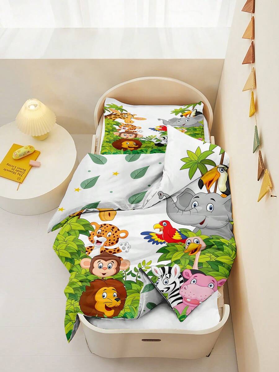 2PCS Kids Jungle Animals Bedding Set For Toddler, Cute Cartoon Safari Animals Print Duvet Cover Set , Soft Zoo Themed Bed Decor For Boys And Girls - Multicolor - View 1