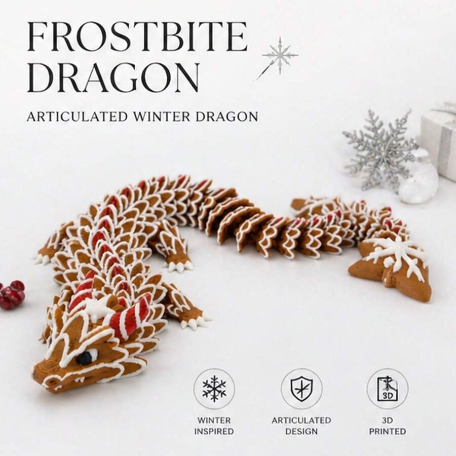 3D Printed Fully Articulated Christmas Gingerbread Dragon Figurine, 3D Icing Texture, Snowflake Decorated Dragon Tail, Desktop Home Atmosphere Decor, Stress Relief Toy, Niche Christmas New Year Gift Collectible Ornament - Multicolor - View 1